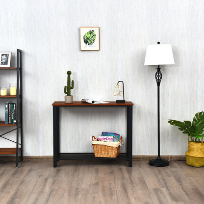 Wood Console Sofa Table with Metal Frame and Storage Shelf - Black