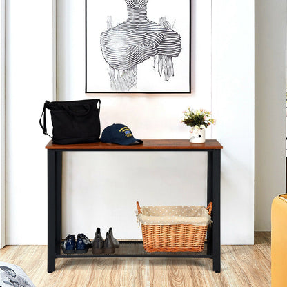Wood Console Sofa Table with Metal Frame and Storage Shelf - Black