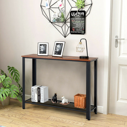 Wood Console Sofa Table with Metal Frame and Storage Shelf - Black