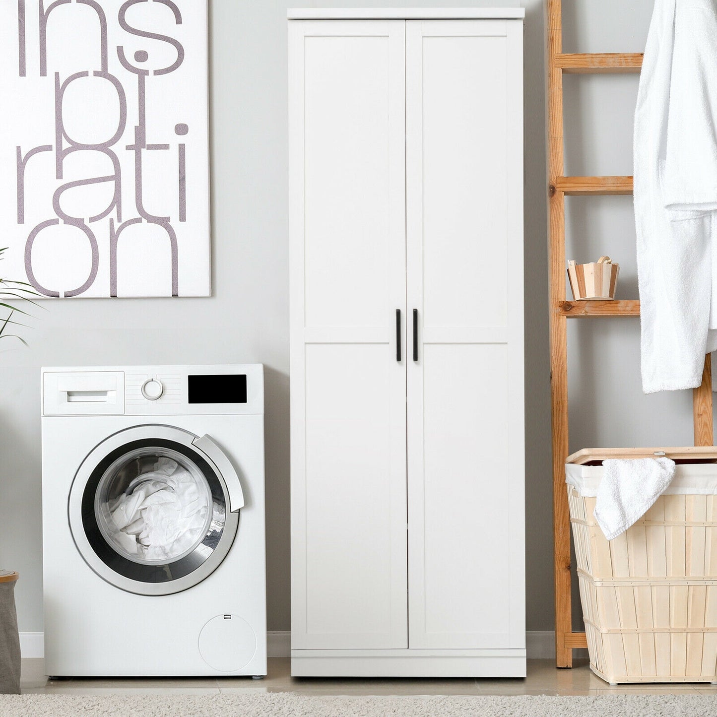 70 Inch Freestanding Storage Cabinet with Adjustable Shelves and Double Doors - White
