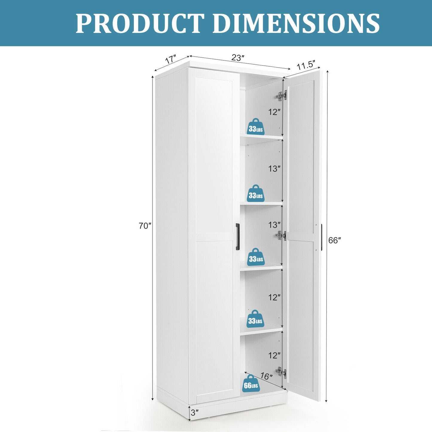 70 Inch Freestanding Storage Cabinet with Adjustable Shelves and Double Doors - White