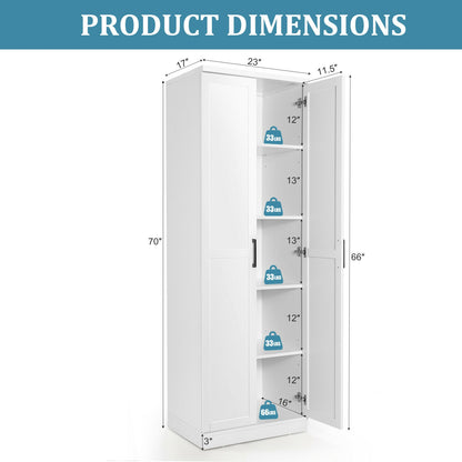 70 Inch Freestanding Storage Cabinet with Adjustable Shelves and Double Doors - White