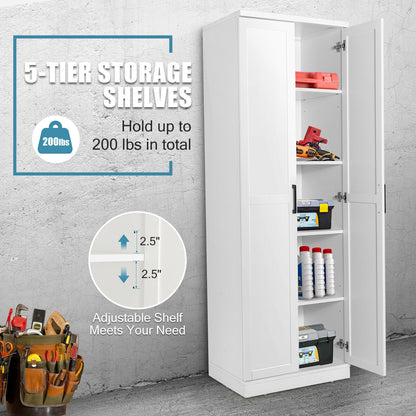 70 Inch Tall Freestanding Storage Cabinet with 2 Doors, 5 Shelves, and Adjustable Storage - White