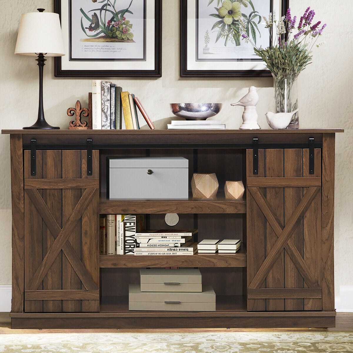 Sliding Barn Door TV Stand with Adjustable Shelves and Storage for TVs up to 60 Inches - Brown