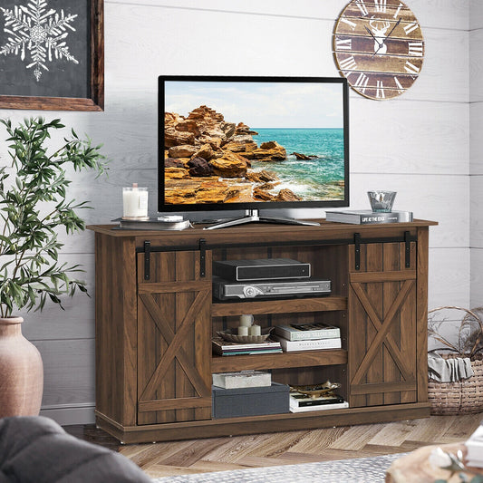 Sliding Barn Door TV Stand with Adjustable Shelves and Storage for TVs up to 60 Inches - Brown