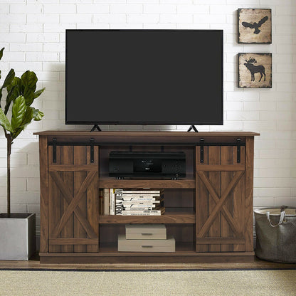 Sliding Barn Door TV Stand with Adjustable Shelves and Storage for TVs up to 60 Inches - Brown