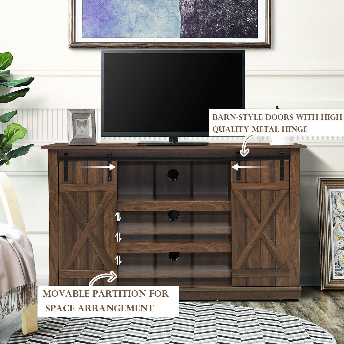 Sliding Barn Door TV Stand with Adjustable Shelves and Storage for TVs up to 60 Inches - Brown