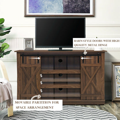 Sliding Barn Door TV Stand with Adjustable Shelves and Storage for TVs up to 60 Inches - Brown