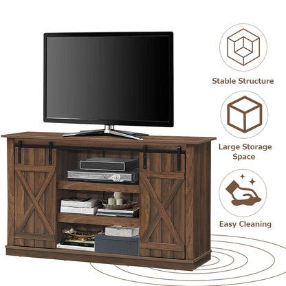 Sliding Barn Door TV Stand with Adjustable Shelves and Storage for TVs up to 60 Inches - Brown