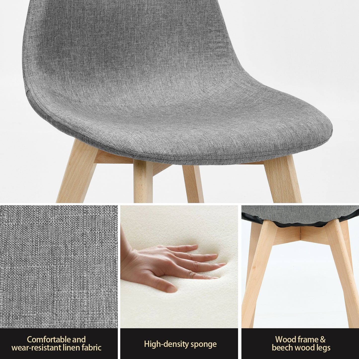 Modern Dining Chairs with Fabric Cushions and Wooden Legs, Set of 2