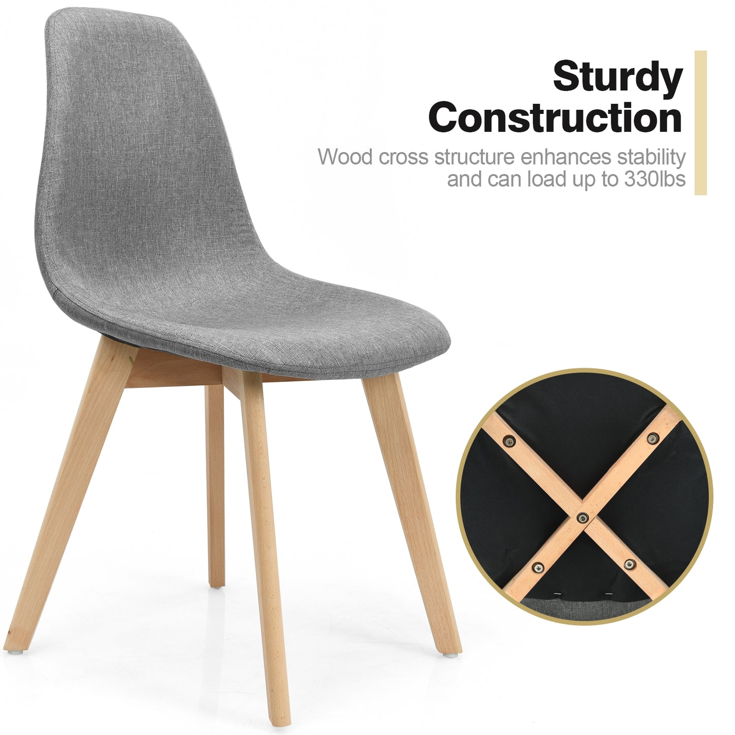 Modern Dining Chairs with Fabric Cushions and Wooden Legs, Set of 2