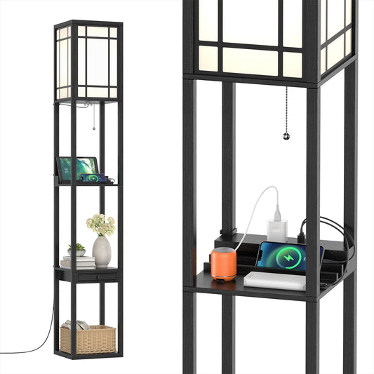 Multifunctional Modern Floor Lamp with Storage Shelves and Drawer