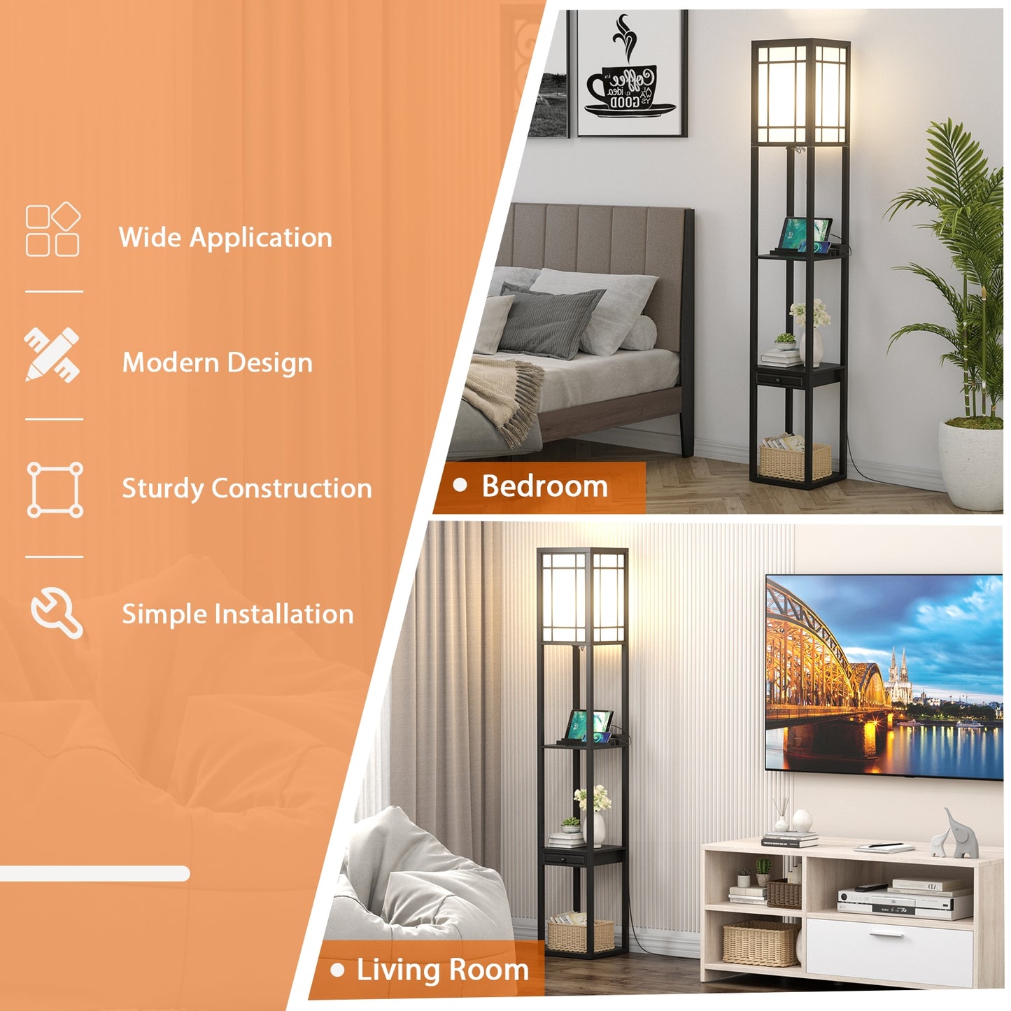 Multifunctional Modern Floor Lamp with Storage Shelves and Drawer