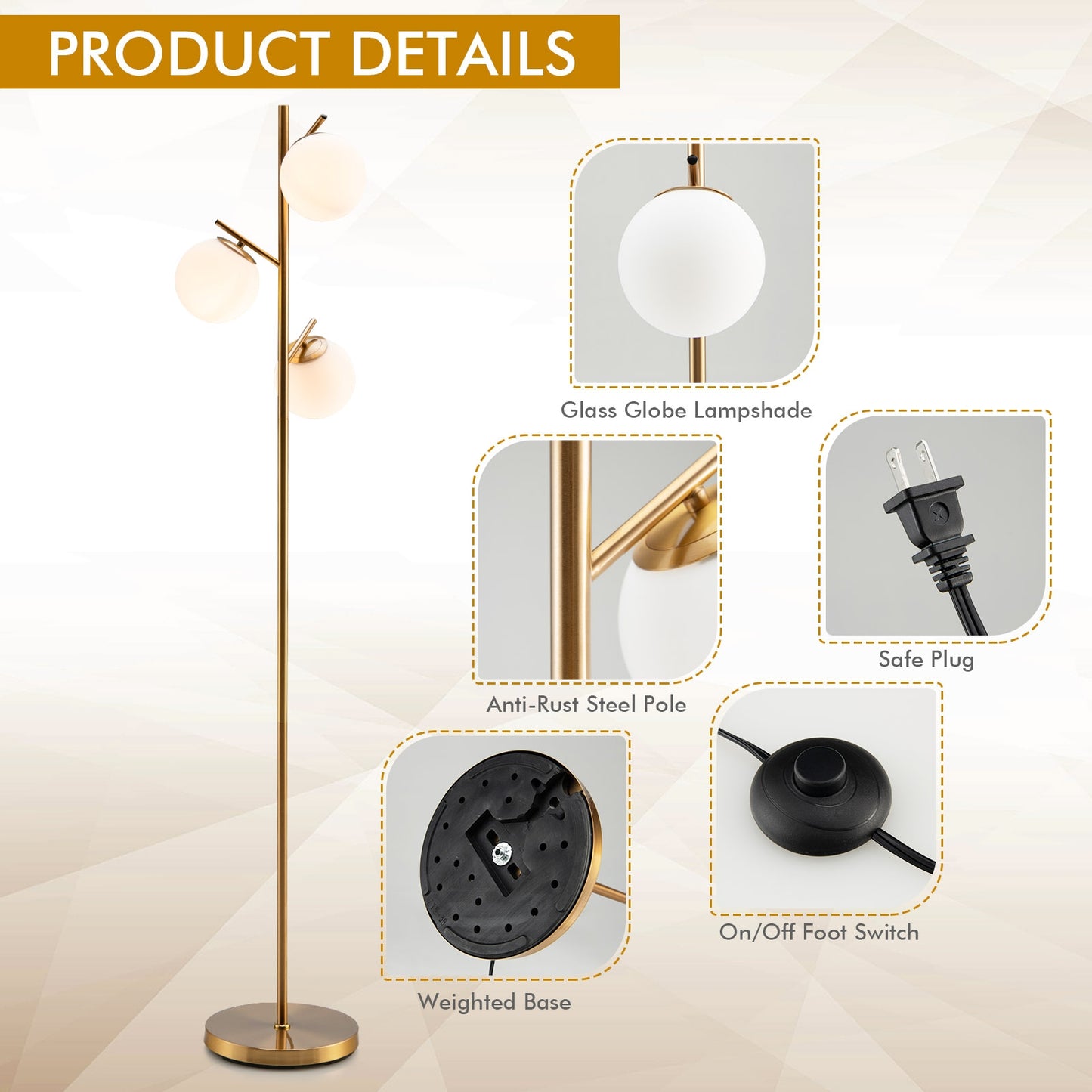 Elegant 3 Globe Floor Lamp with Foot Switch and Glass Shades
