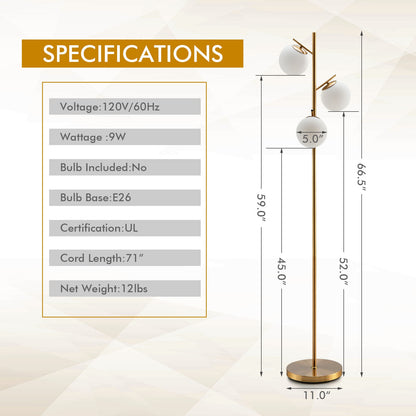 Elegant 3 Globe Floor Lamp with Foot Switch and Glass Shades