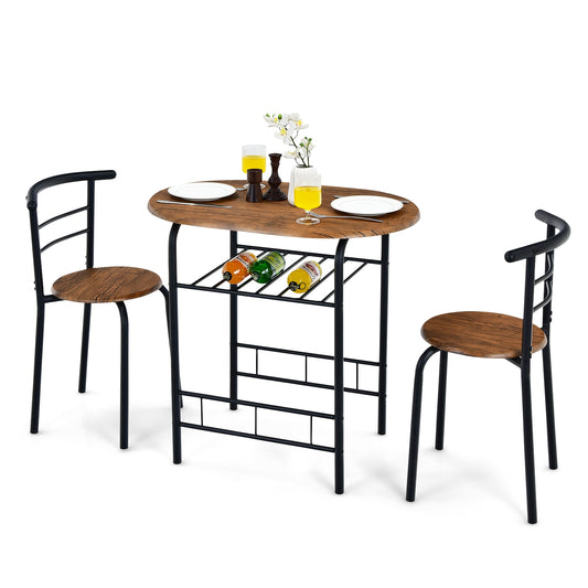Modern 3 Piece Dining Set with Wine Rack and Two Chairs for Small Kitchen or Apartment - Brown