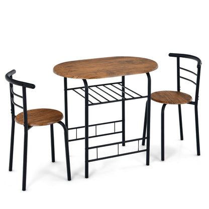 Modern 3 Piece Dining Set with Wine Rack and Two Chairs for Small Kitchen or Apartment - Brown