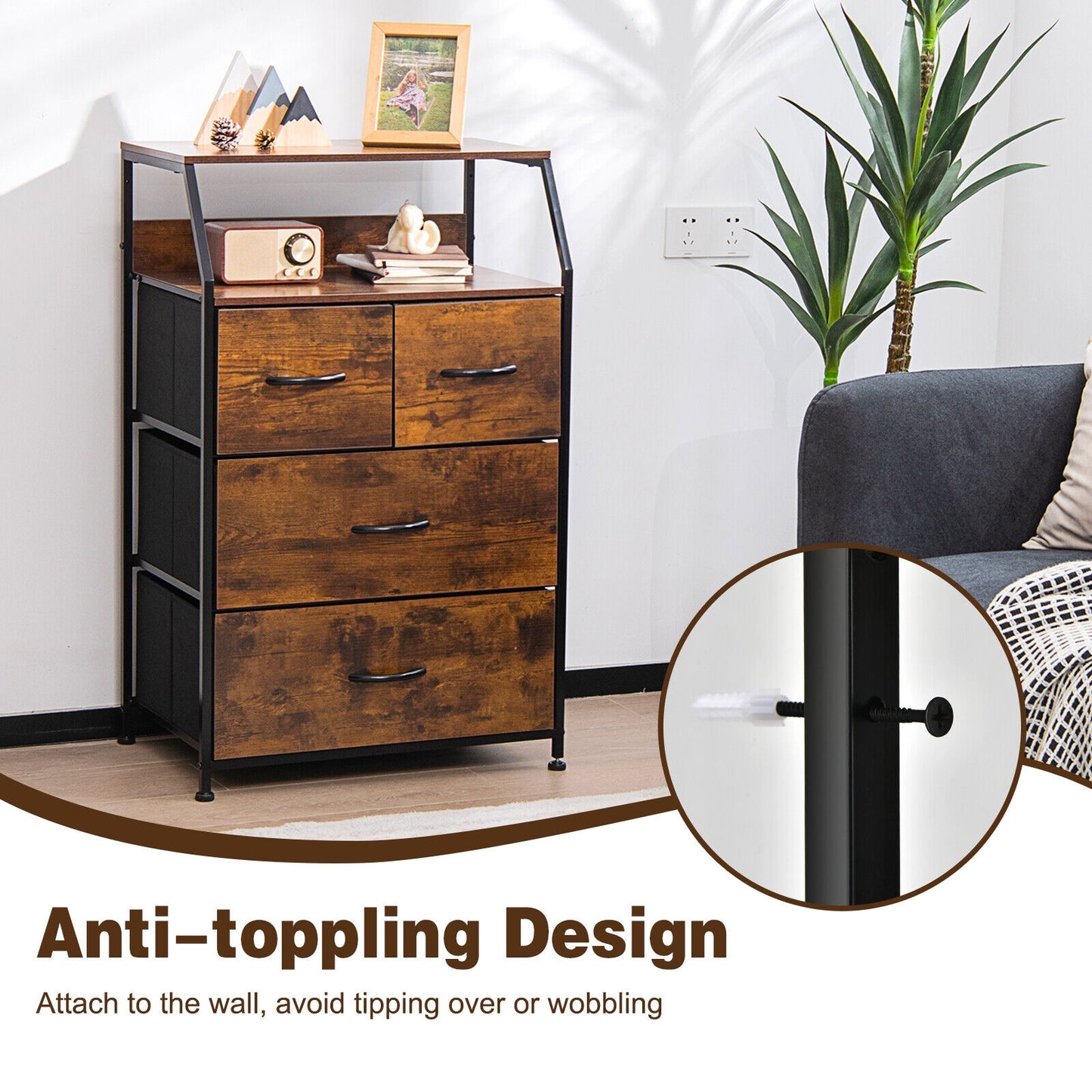 38 Inch Tall Freestanding Storage Cabinet with Wood Top and Open Shelves