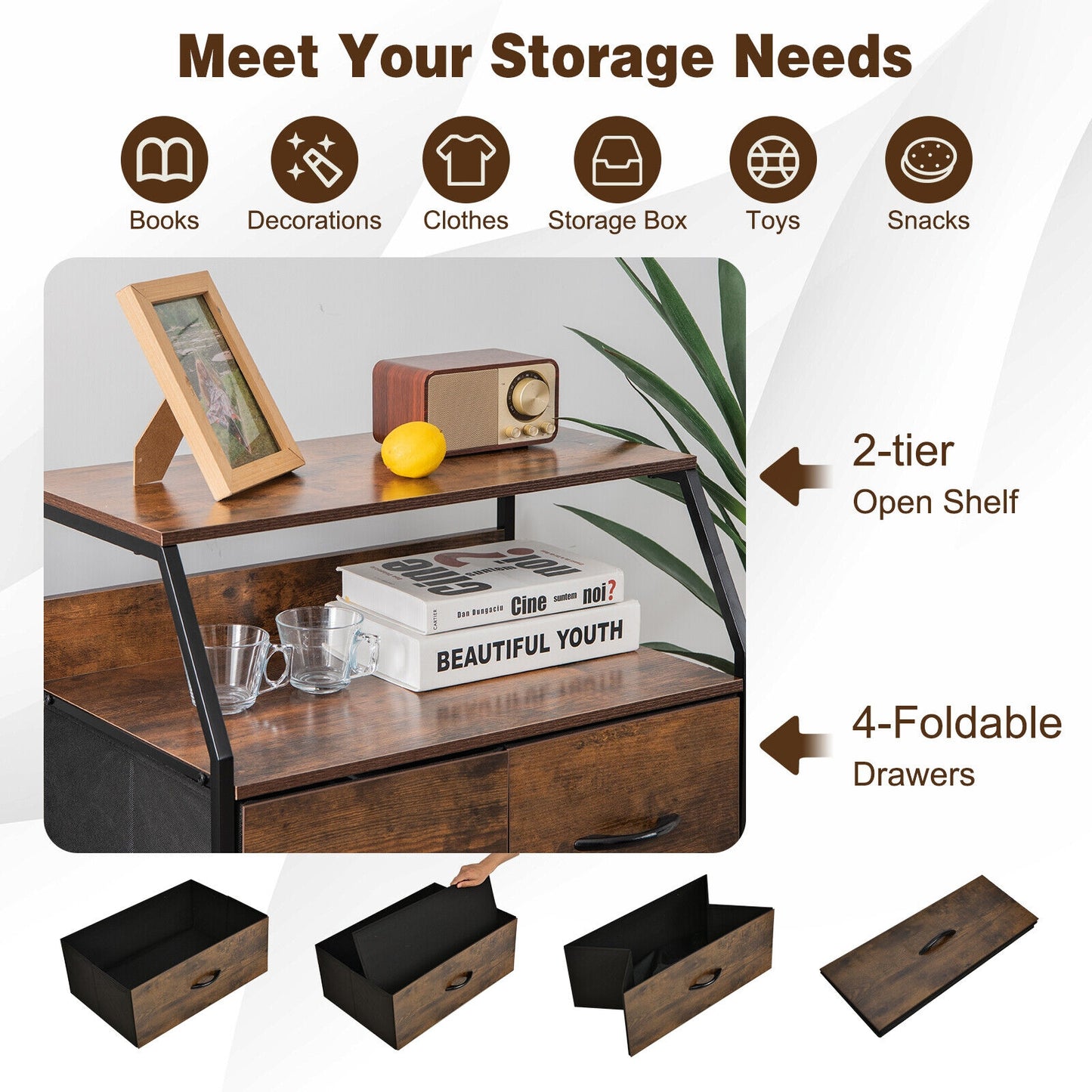 38 Inch Tall Freestanding Storage Cabinet with Wood Top and Open Shelves