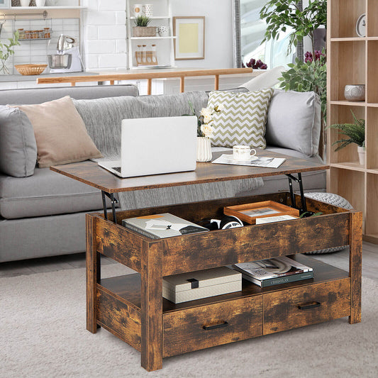 Lift Top Coffee Table with Hidden Storage Compartment and Dual Drawers
