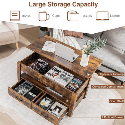 Lift Top Coffee Table with Hidden Storage Compartment and Dual Drawers