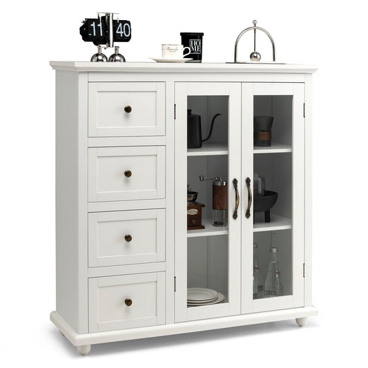 Buffet Sideboard Cabinet with Glass Doors and Storage Drawers for Kitchen or Dining Room - White