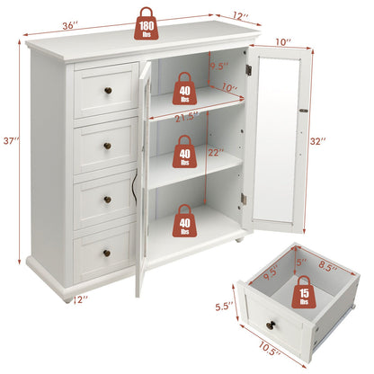 Buffet Sideboard Cabinet with Glass Doors and Storage Drawers for Kitchen or Dining Room - White