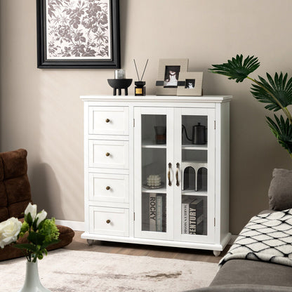 Buffet Sideboard Cabinet with Glass Doors and Storage Drawers for Kitchen or Dining Room - White