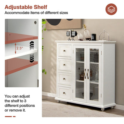 Buffet Sideboard Cabinet with Glass Doors and Storage Drawers for Kitchen or Dining Room - White