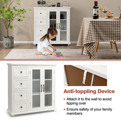 Buffet Sideboard Cabinet with Glass Doors and Storage Drawers for Kitchen or Dining Room - White