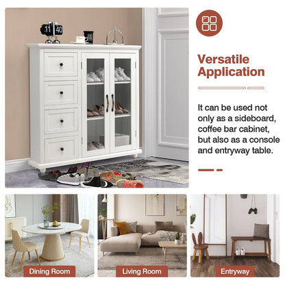 Buffet Sideboard Cabinet with Glass Doors and Storage Drawers for Kitchen or Dining Room - White