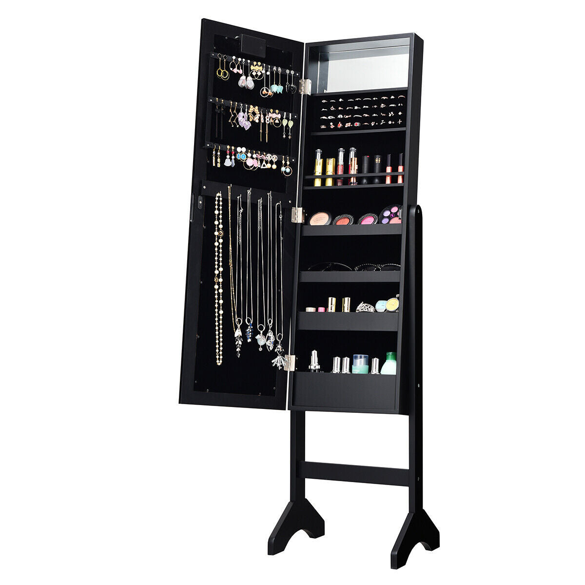 Freestanding Mirrored Jewelry Armoire with LED Lights and Storage Organizer – Black