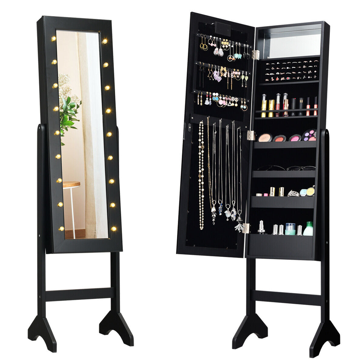 Freestanding Mirrored Jewelry Armoire with LED Lights and Storage Organizer – Black