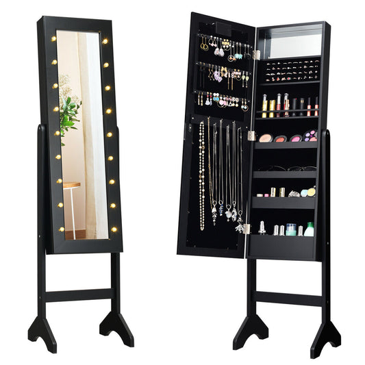 Freestanding Mirrored Jewelry Armoire with LED Lights and Storage Organizer – Black