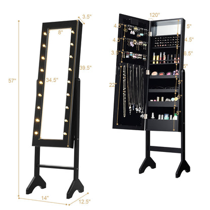 Freestanding Mirrored Jewelry Armoire with LED Lights and Storage Organizer – Black