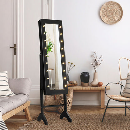 Freestanding Mirrored Jewelry Armoire with LED Lights and Storage Organizer – Black