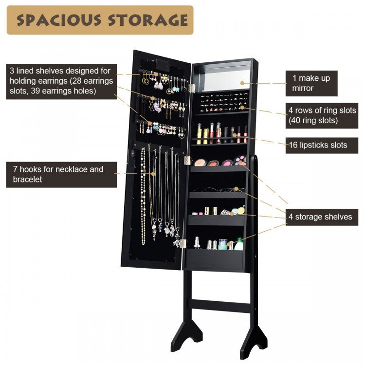 Freestanding Mirrored Jewelry Armoire with LED Lights and Storage Organizer – Black