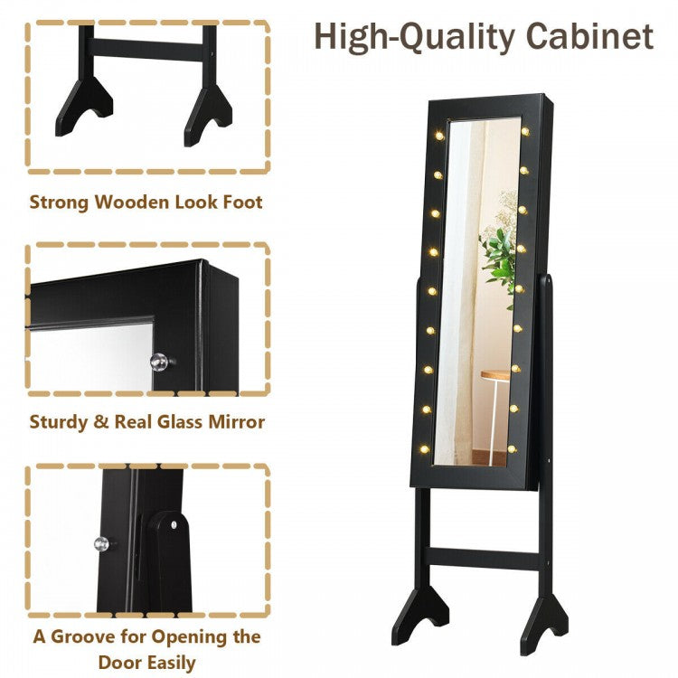 Freestanding Mirrored Jewelry Armoire with LED Lights and Storage Organizer – Black