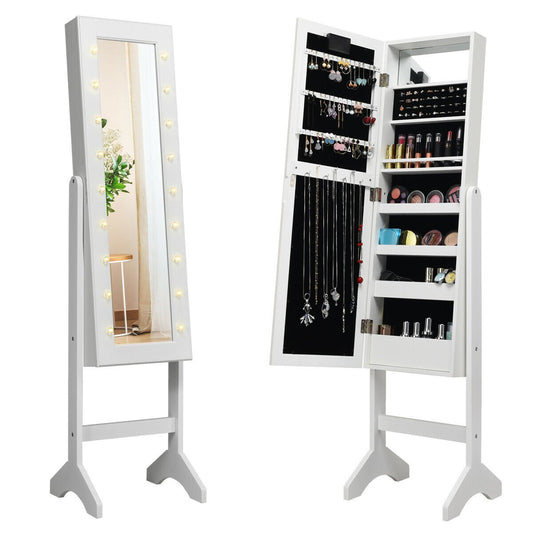 Freestanding Mirrored Jewelry Armoire with LED Lights and Storage Organizer – White