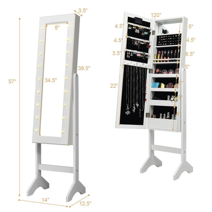 Freestanding Mirrored Jewelry Armoire with LED Lights and Storage Organizer – White