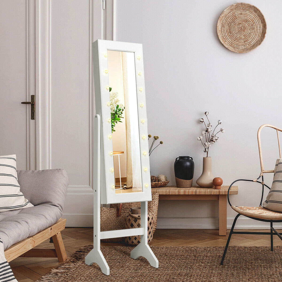 Freestanding Mirrored Jewelry Armoire with LED Lights and Storage Organizer – White