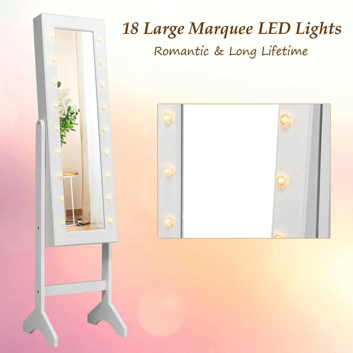 Freestanding Mirrored Jewelry Armoire with LED Lights and Storage Organizer – White