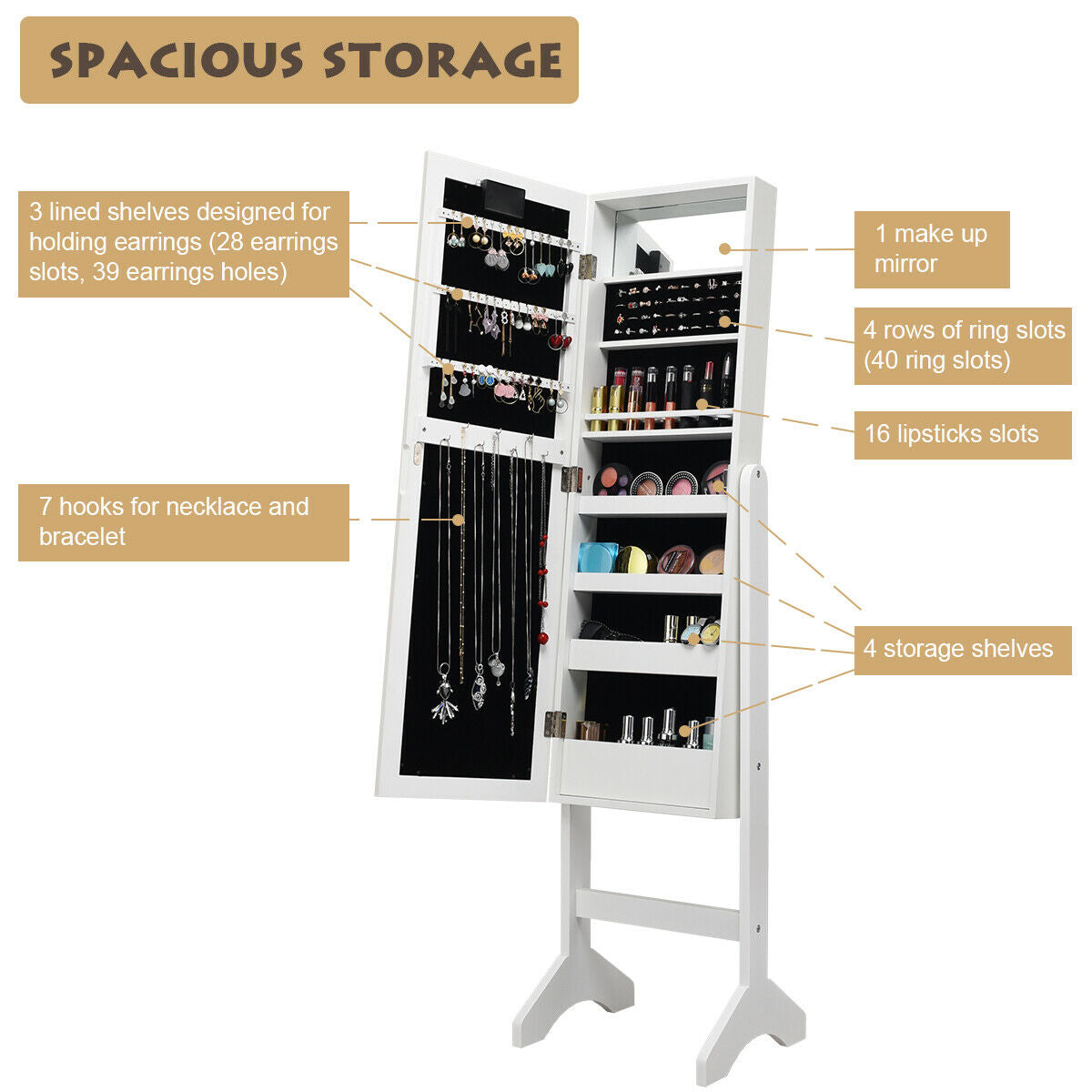 Freestanding Mirrored Jewelry Armoire with LED Lights and Storage Organizer – White