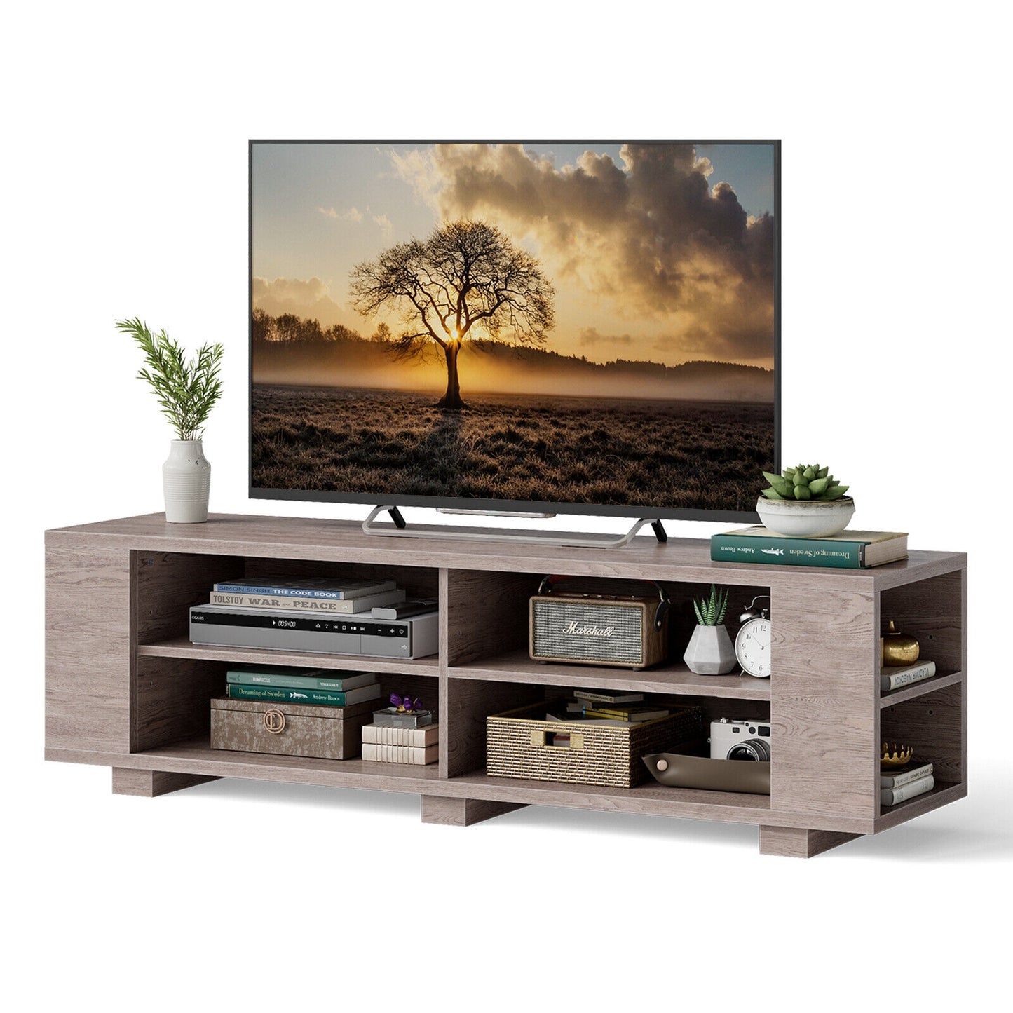 Modern 59 Inch Media Console with Adjustable Open Shelves for TVs up to 65 Inches in Grey