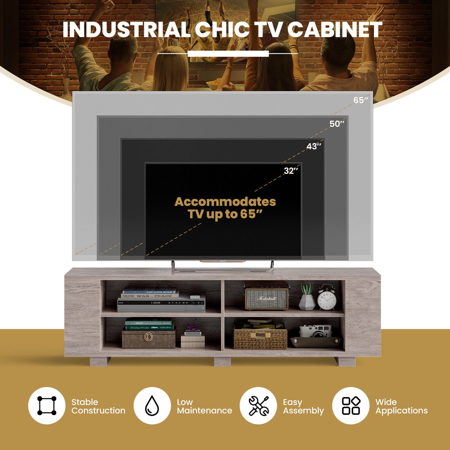 Modern 59 Inch Media Console with Adjustable Open Shelves for TVs up to 65 Inches in Grey