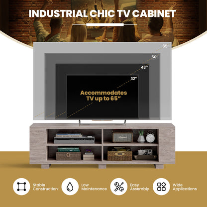 Modern 59 Inch Media Console with Adjustable Open Shelves for TVs up to 65 Inches in Grey