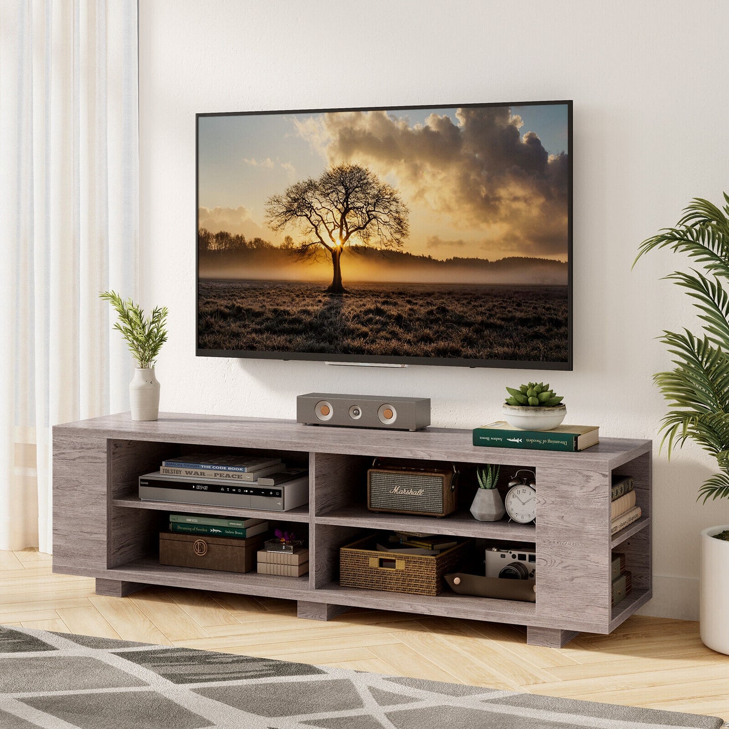 Modern 59 Inch Media Console with Adjustable Open Shelves for TVs up to 65 Inches in Grey
