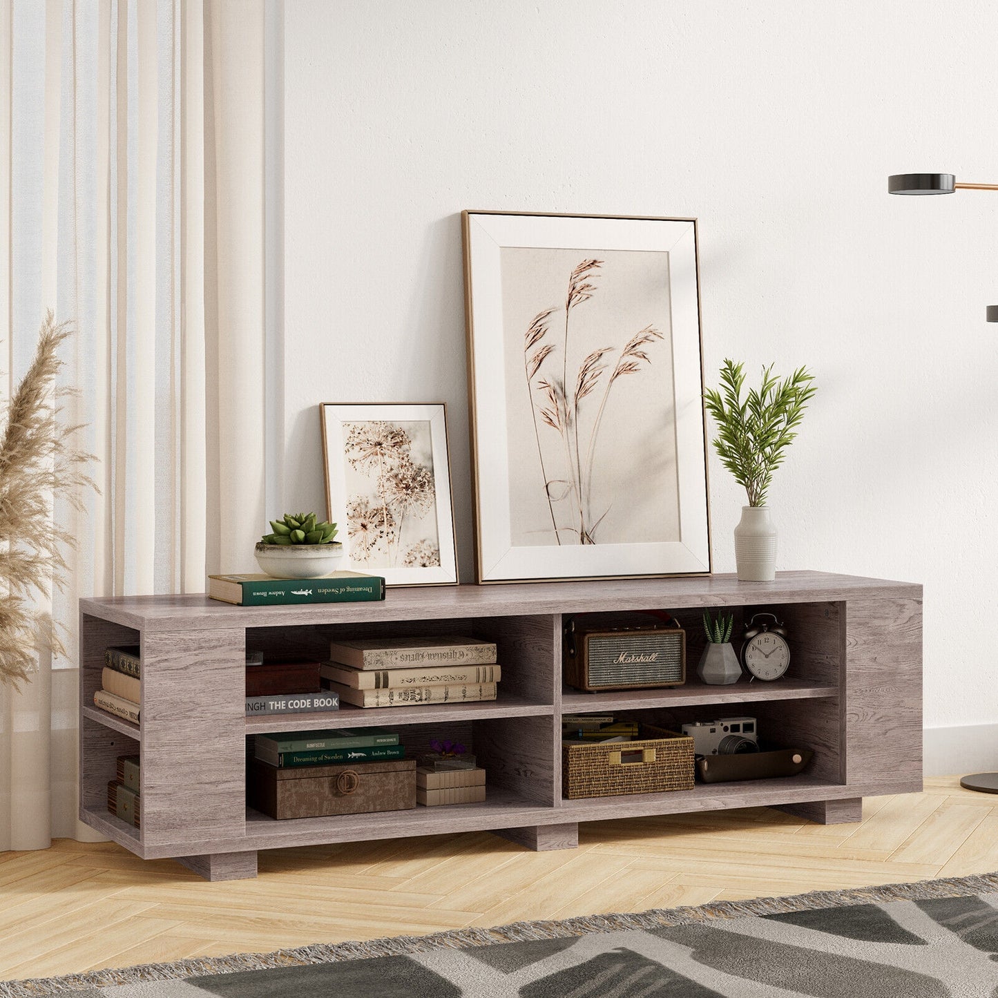Modern 59 Inch Media Console with Adjustable Open Shelves for TVs up to 65 Inches in Grey