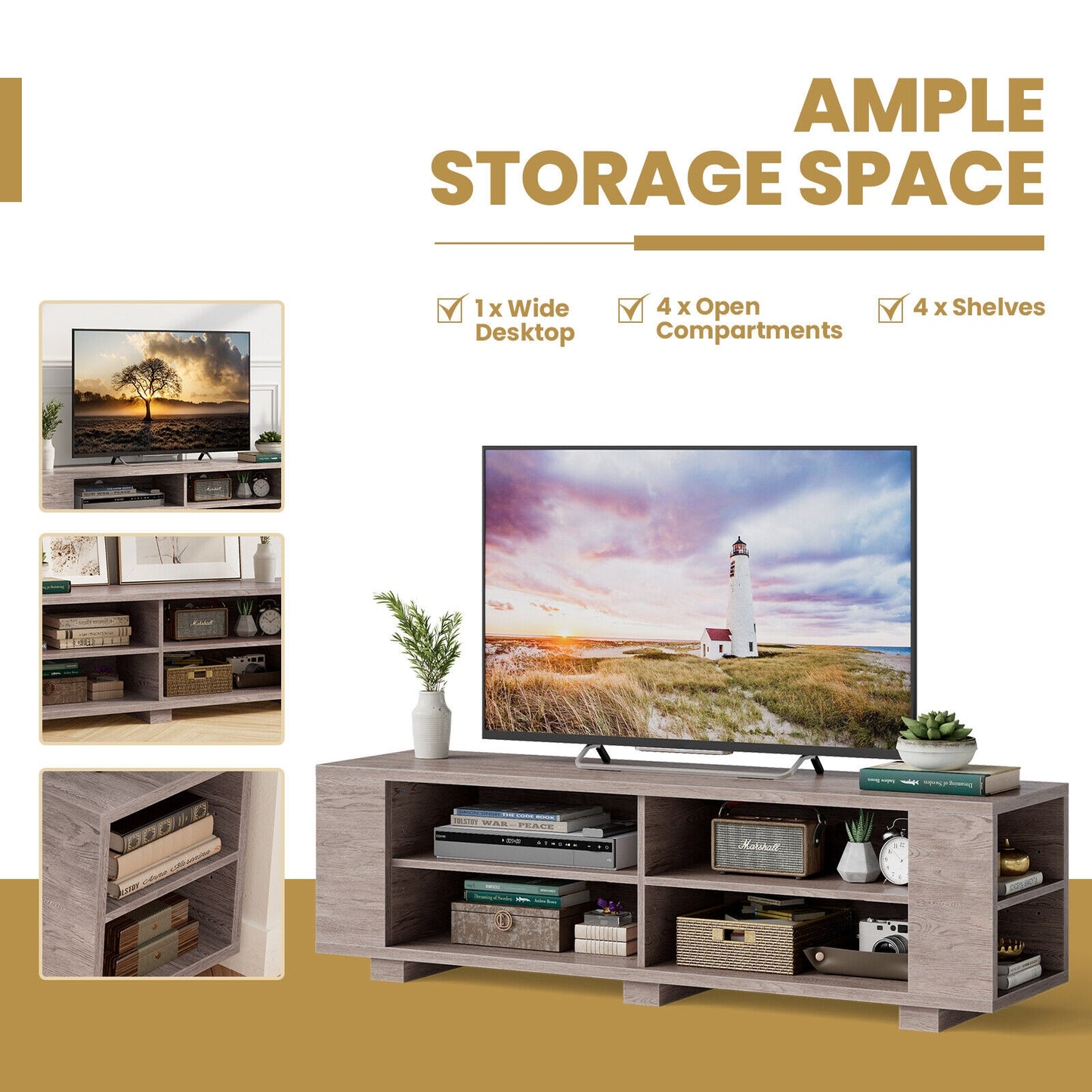 Modern 59 Inch Media Console with Adjustable Open Shelves for TVs up to 65 Inches in Grey