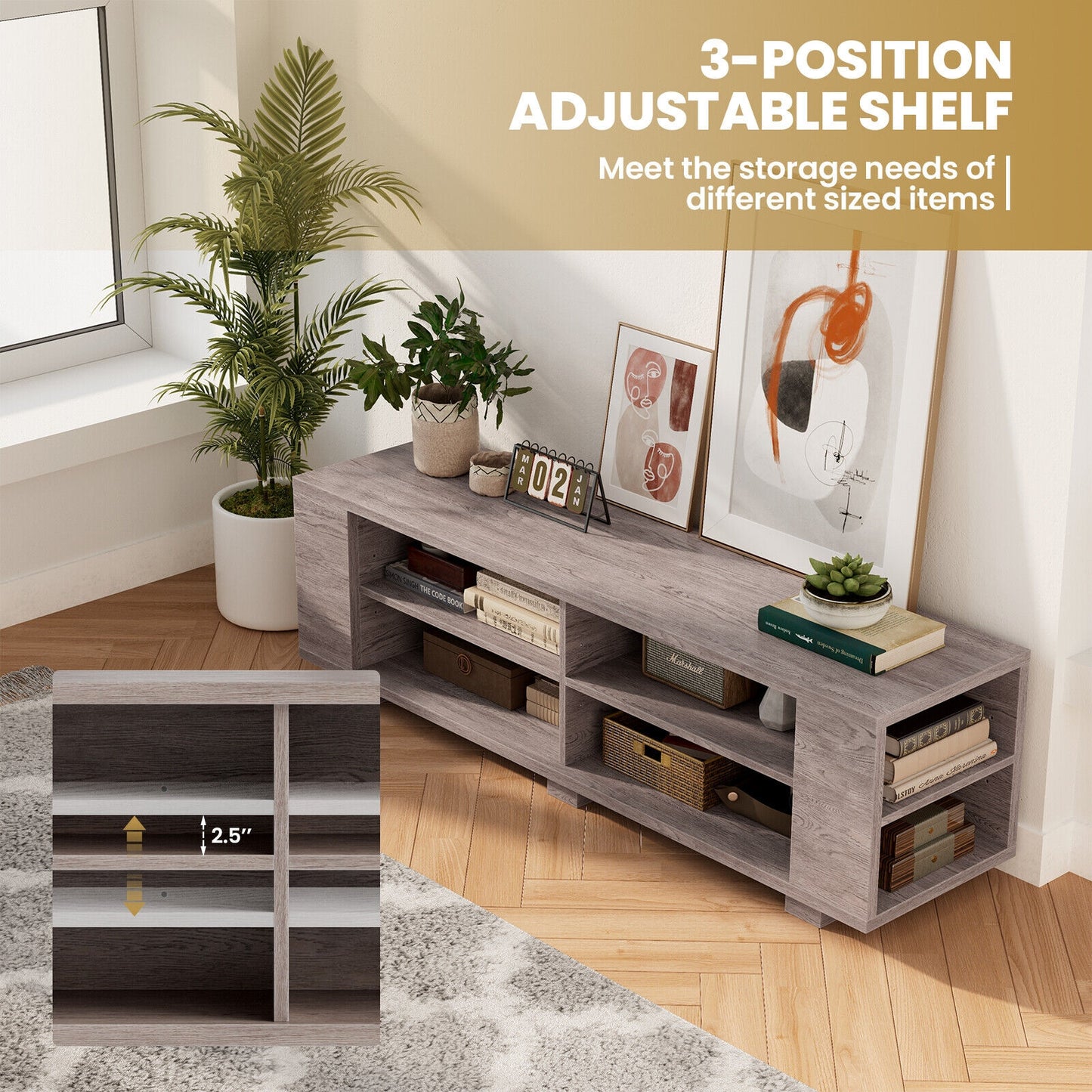 Modern 59 Inch Media Console with Adjustable Open Shelves for TVs up to 65 Inches in Grey